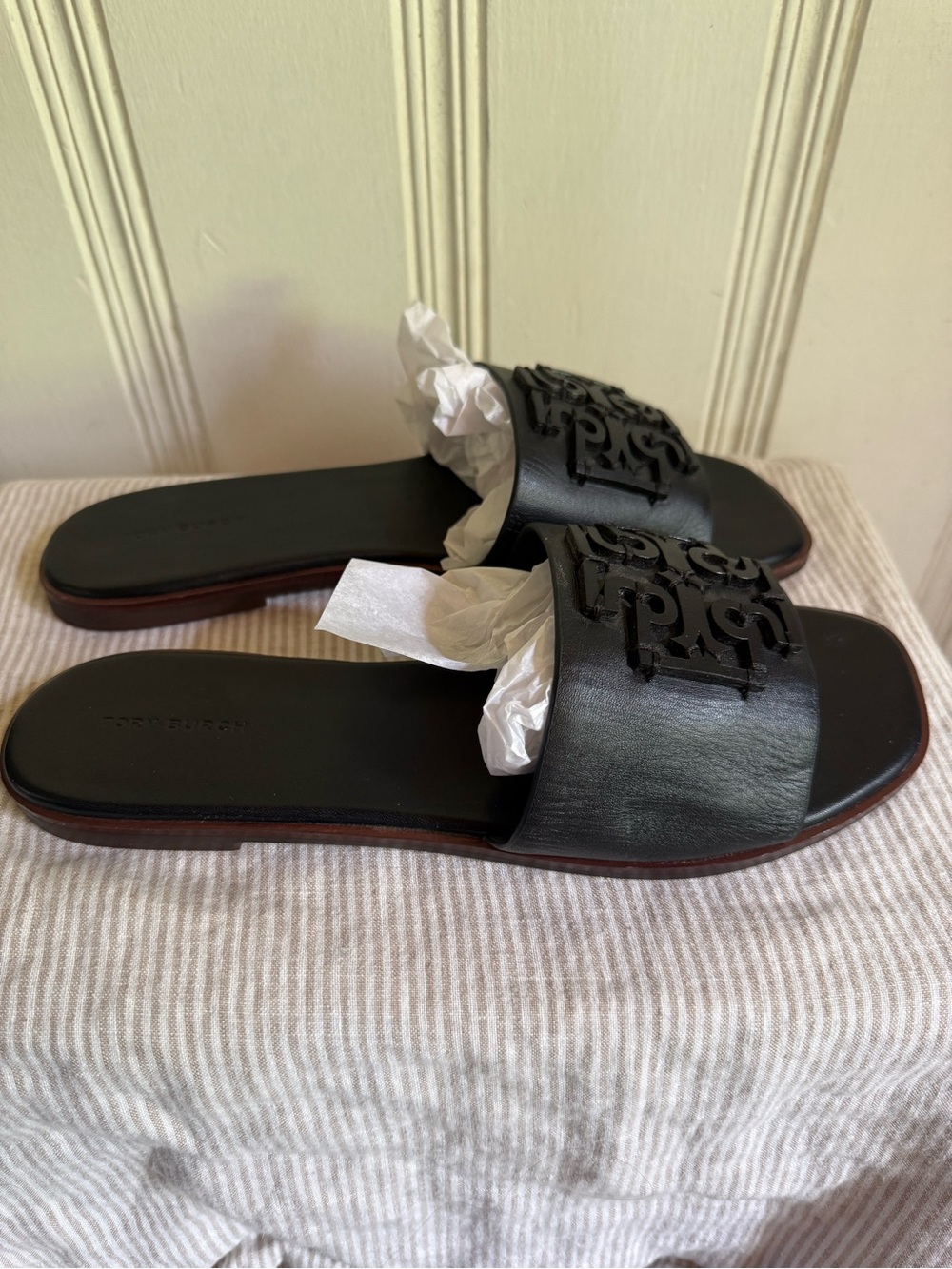 Tory Burch Ines Black Leather Slide Sandals with Logo Accent - Women